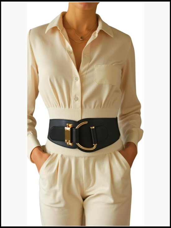Wide Faux Leather Belt with Gold Metal Hook Buckle - Adjustable XS-XL